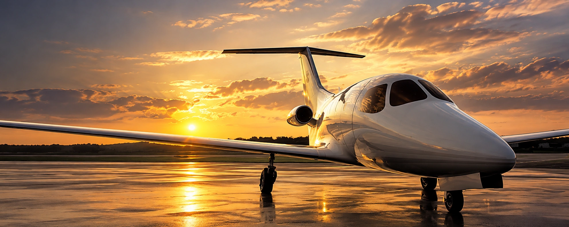 A business jet on the apron with the sun setting behind its wing, adapted from the GS Finance photograph with AI.