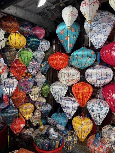 A display of patterned lanterns in many colours in Vietnam